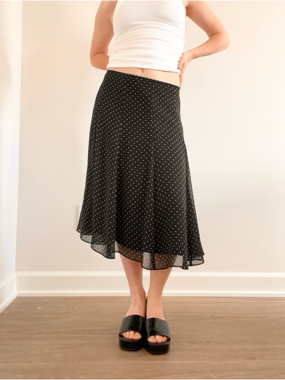 Liz & co Polka Dot Black Midi Skirt with Flowing A-Line Silhouette - Picture 1 of 5